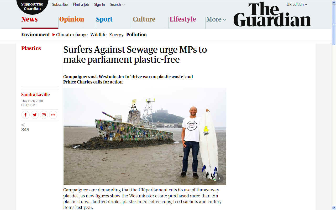 Surfers against sewage petition parliament on plastic cups