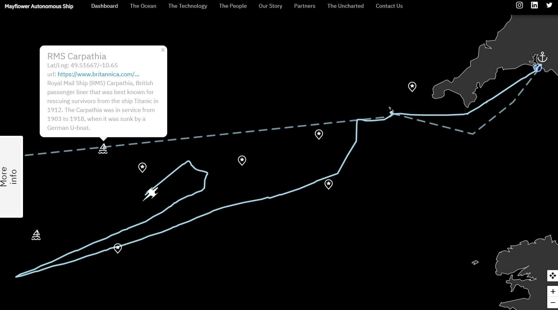 Route progress map Atlantic Ocean, Mayflower unable to keep course
