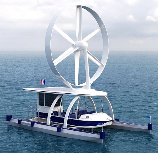 Single rotary sail catamaran from Charles-Henri Viel, a proponent of wind turbines
