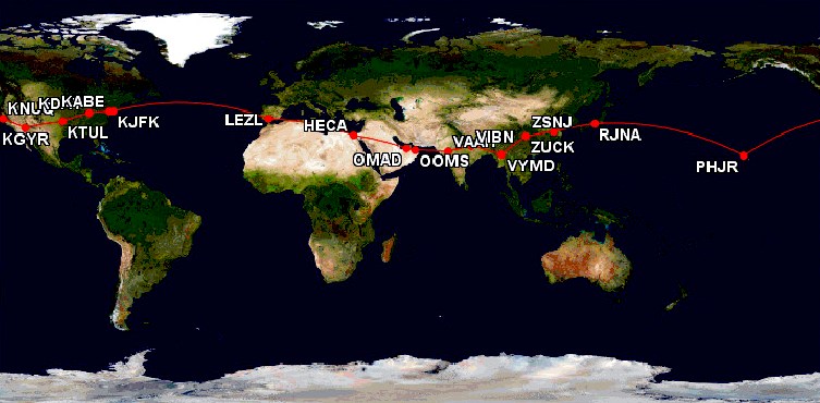 Aircraft circumnavigation map of the world flight route