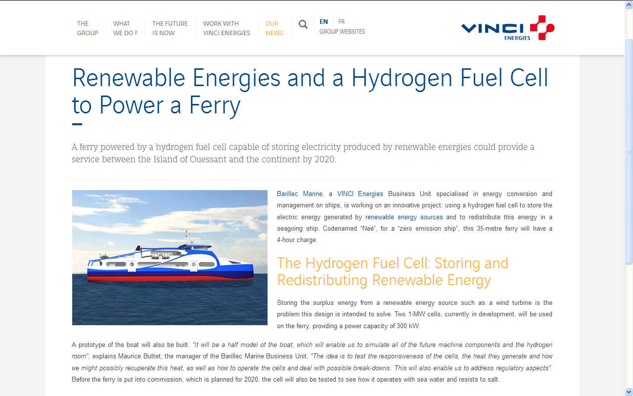 VINCI energies Barillec Marine hydrogen fuel cell ferry Ouessant Island, France