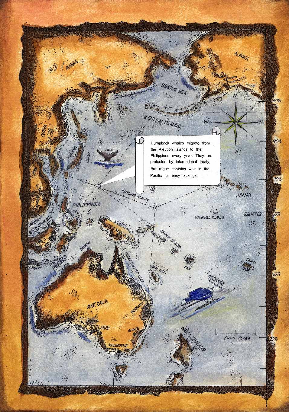 Kulo Luna adventure story Map of the Pacific Ocean whaling chase