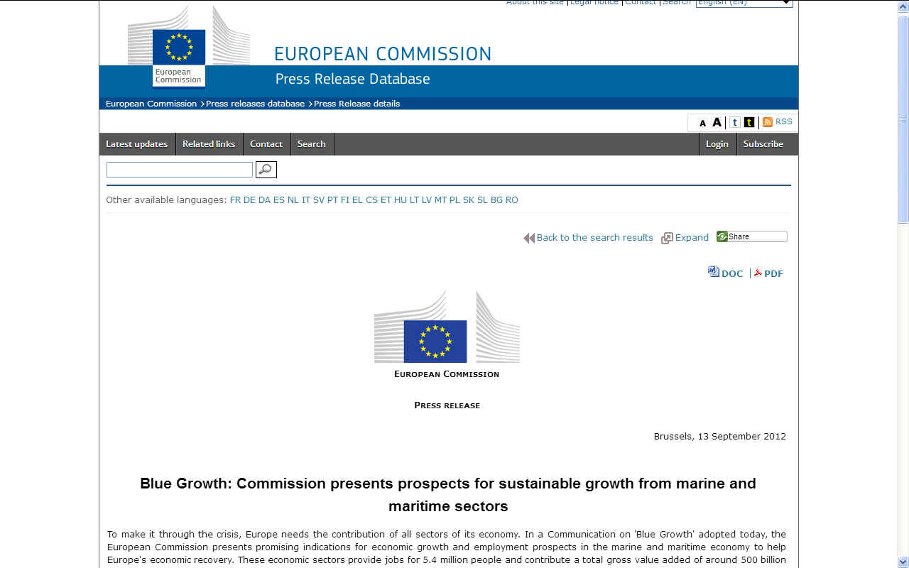 European Commission Press Release 2012 on Blue Growth