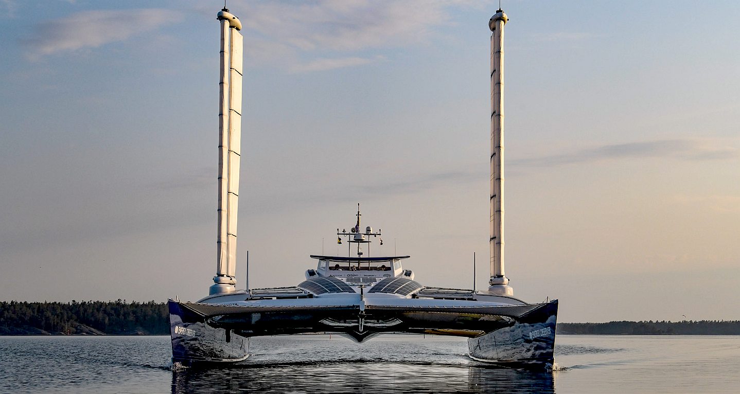 Twin sails of the Energy Observer solar powered hydrogen catamaran