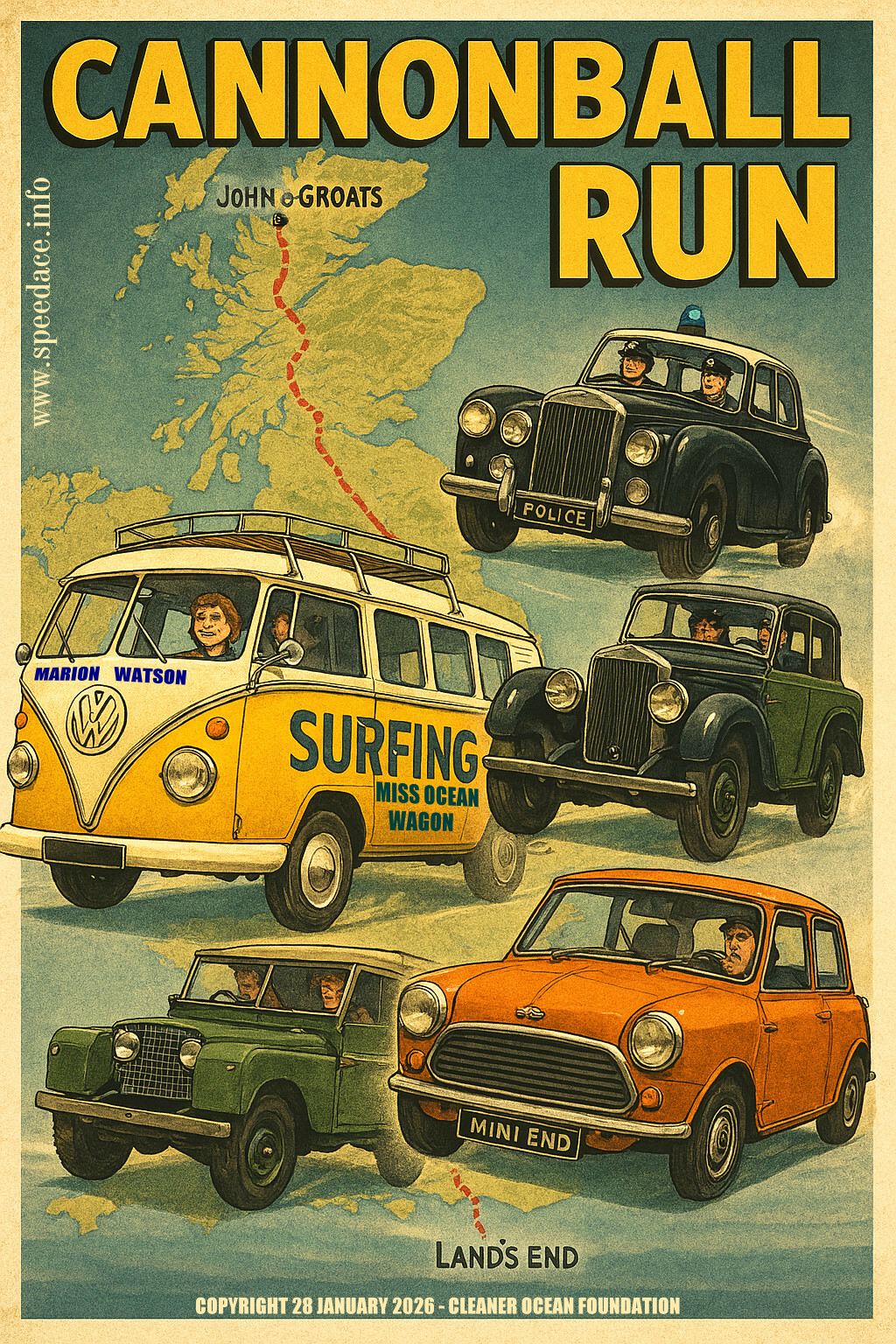 The Cannonball Run, a historic vehicle event (under development). Where the Watson family enter their Volkswagen T2 historic surfing wagon, into a race across the United Kingdom, from John O'Groats to Land's End. Copyright 28th January 2026. Cleaner Ocean Foundation