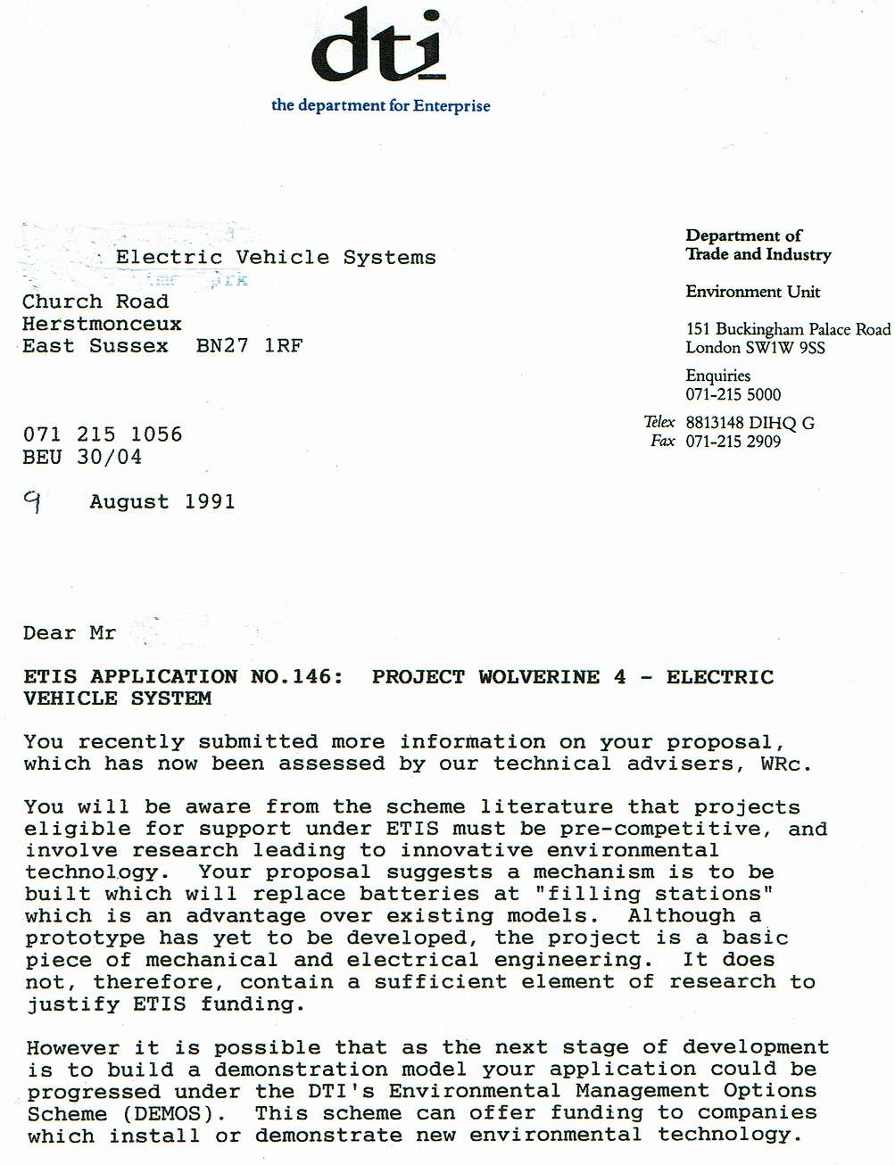 Letter from DTi to EV battery service station developers 9 August 1991