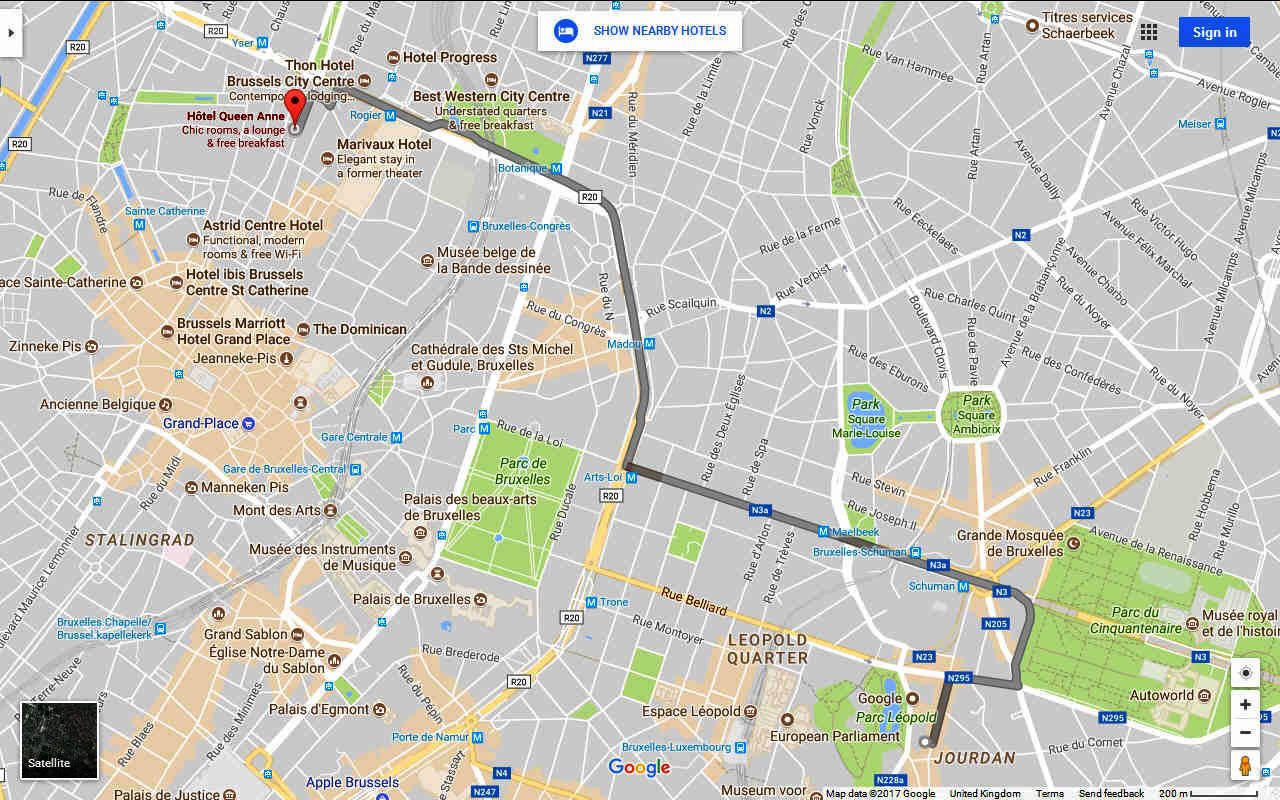 The route from the Queen Anne hotel to the Borschette conference centre