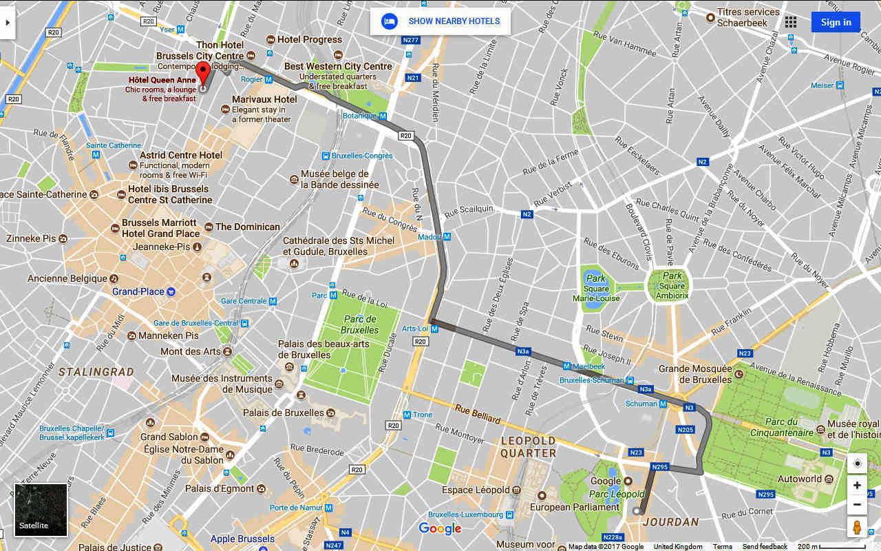 The route from the Queen Anne hotel to the Borschette conference centre