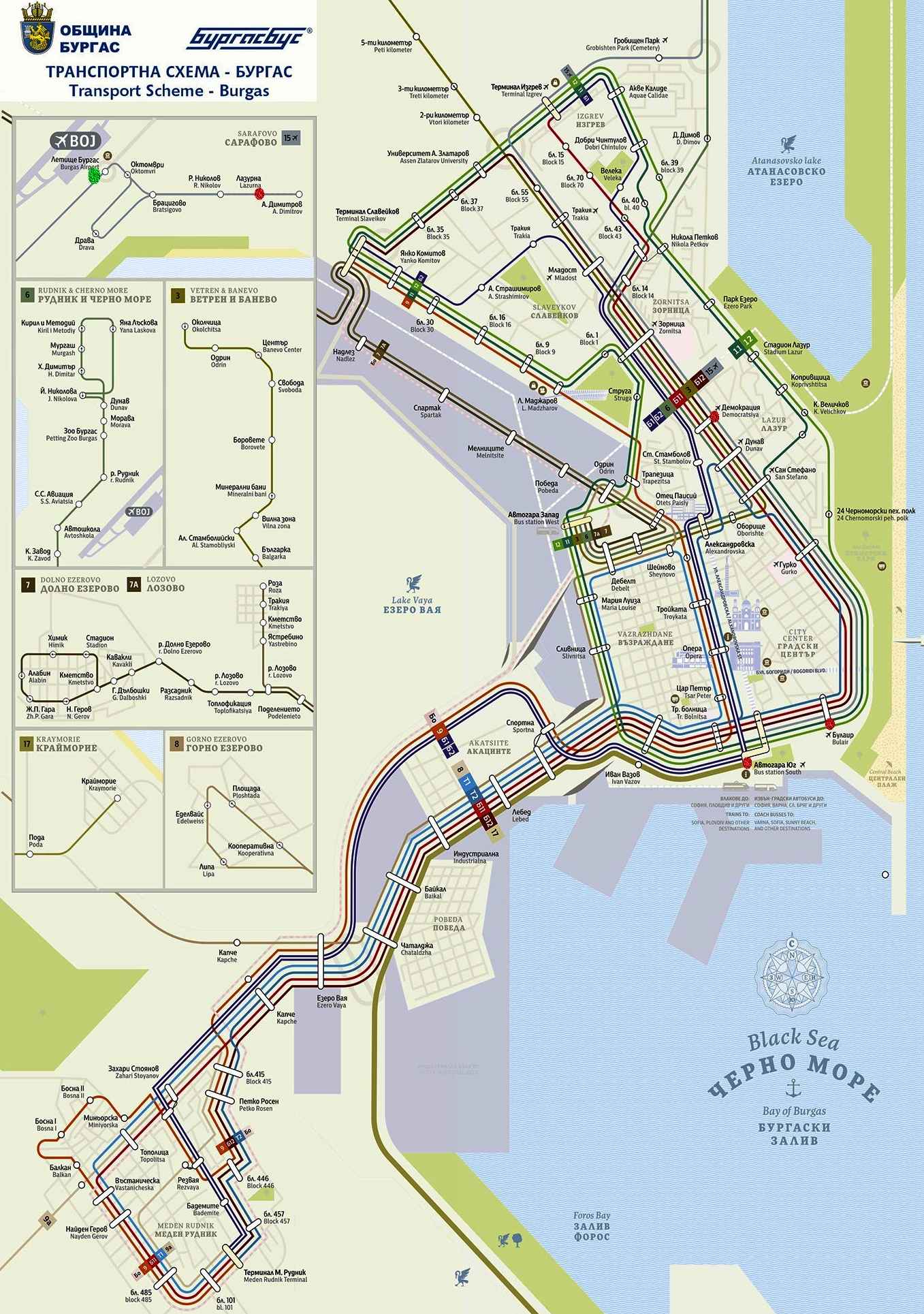 Public transport network map of Burgas, Bulgaria