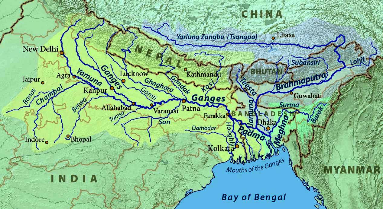 Map on India Ganges, Yamuna, Champal, Brahmaputra rivers