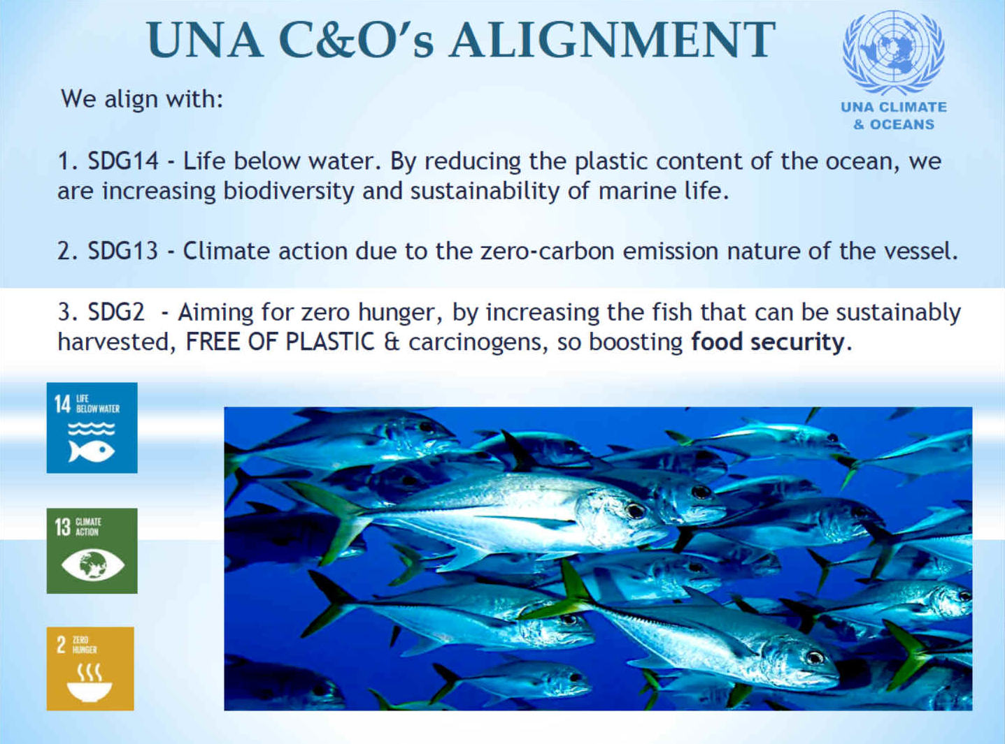 How does SeaVax and SeaNet align with the United Nations' sustainability goals? SDG2 is in connection with food security, in the effort to eliminate hunger. Solar and hydrogen powered vessels, falls to be considered under Climate Action, since SeaVax operates on renewable energy. Finally, by helping to keep the ocean clean, SeaVax and SeaNet working together, improves the health of our seas, by extracting PCB's and other carcinogenic plastics, and of course preventing fish, seabirds and whales - from ingesting garbage. Also, removing nasty ghost fishing nets, that are suffocating millions of marine animals.