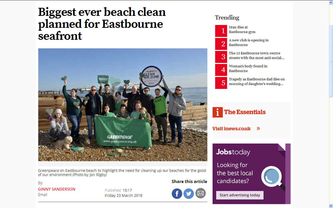Greenpeace supporting beach cleaning at Eastbourne