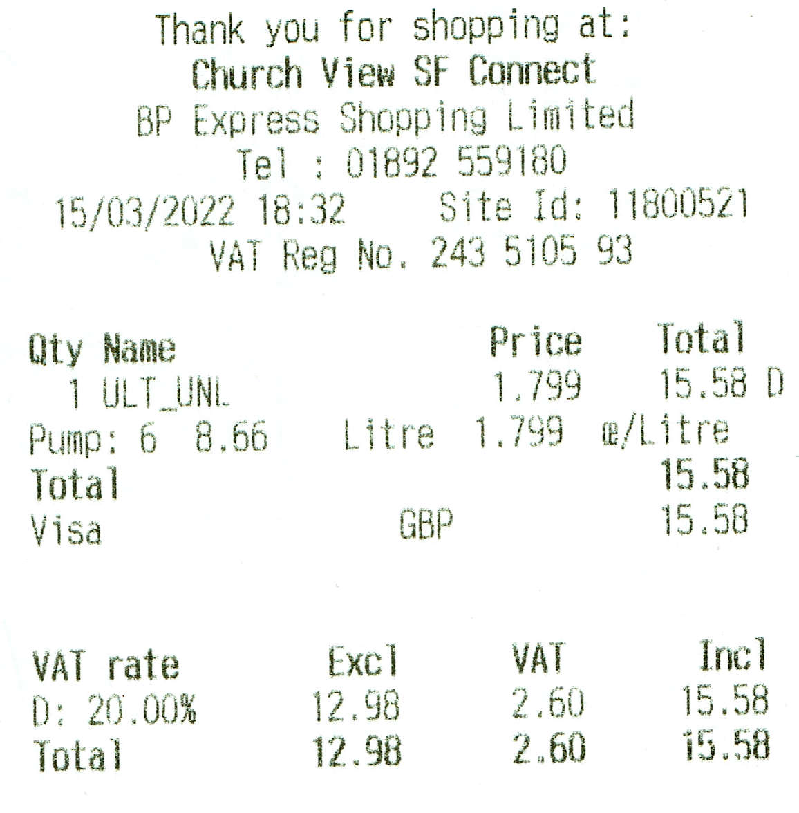 BP Express petroleum receipt £15.58 for 8.88 litres