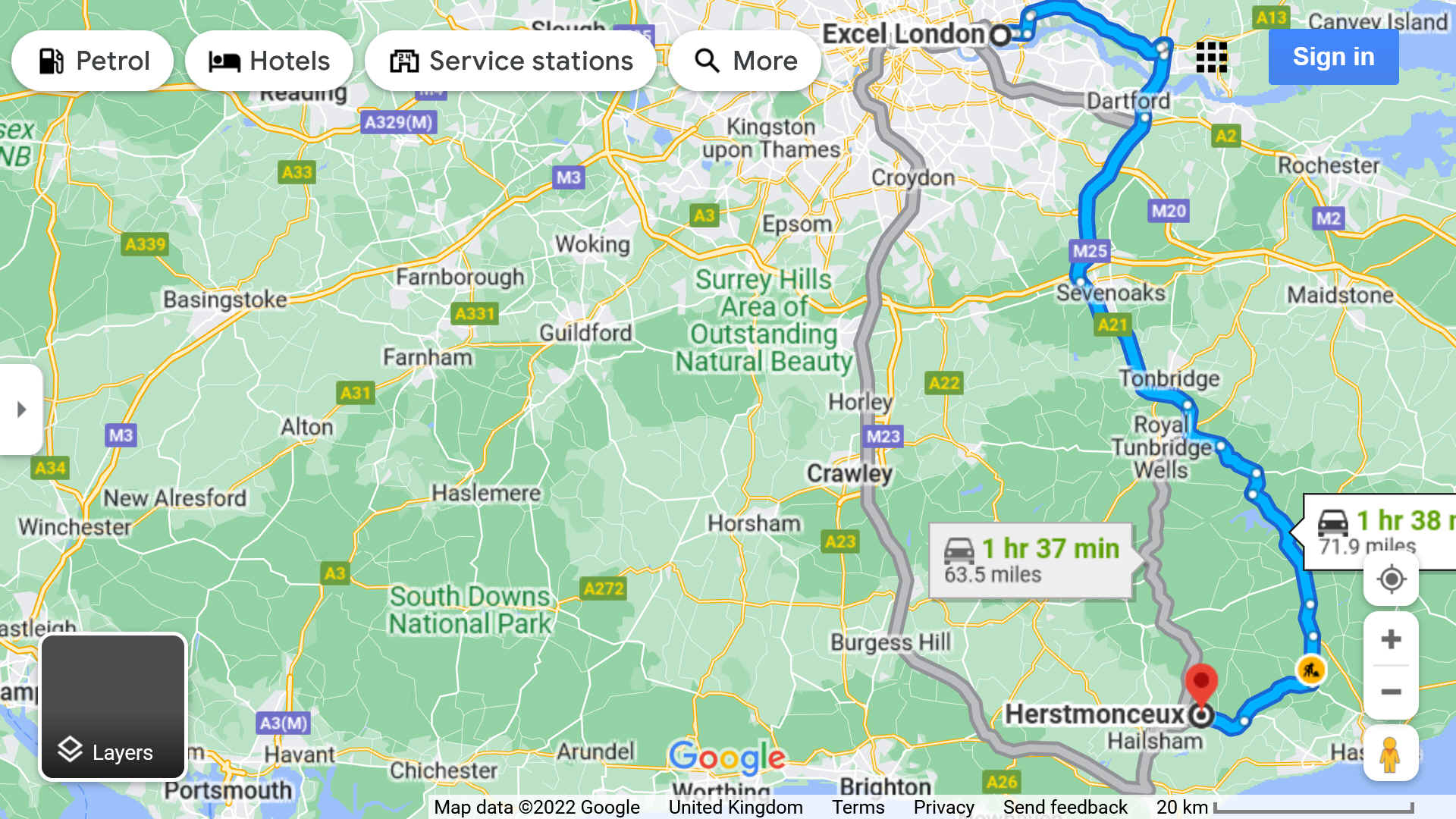 Round trip on Google Maps, showing no EV charging stations