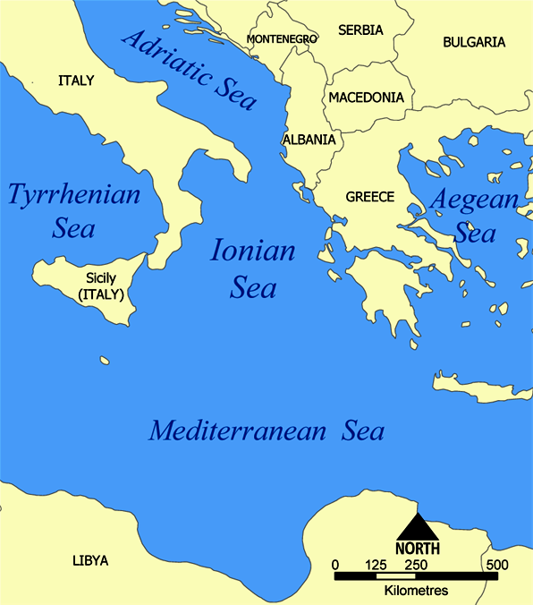 Map of the Ionian Sea, Mediterranean, Aegean, Tyrrhenian and Adriatic