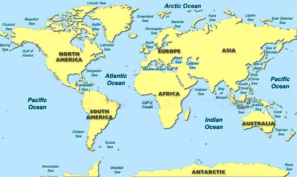 world map showing continents oceans and seas Lists Seas And Oceans A To Z Index Of The World world map showing continents oceans and seas