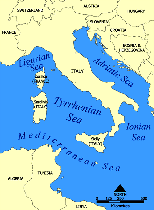 Map of the Tyrrhenian Sea, Mediterranean, Ionian and Adriatic