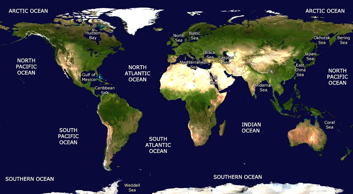 Seas and oceans of the world location map
