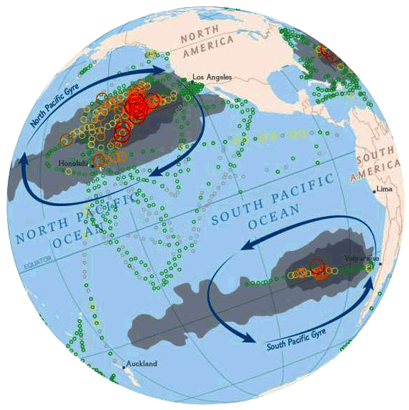 Pacific Ocean gyres map on planet earth globe
